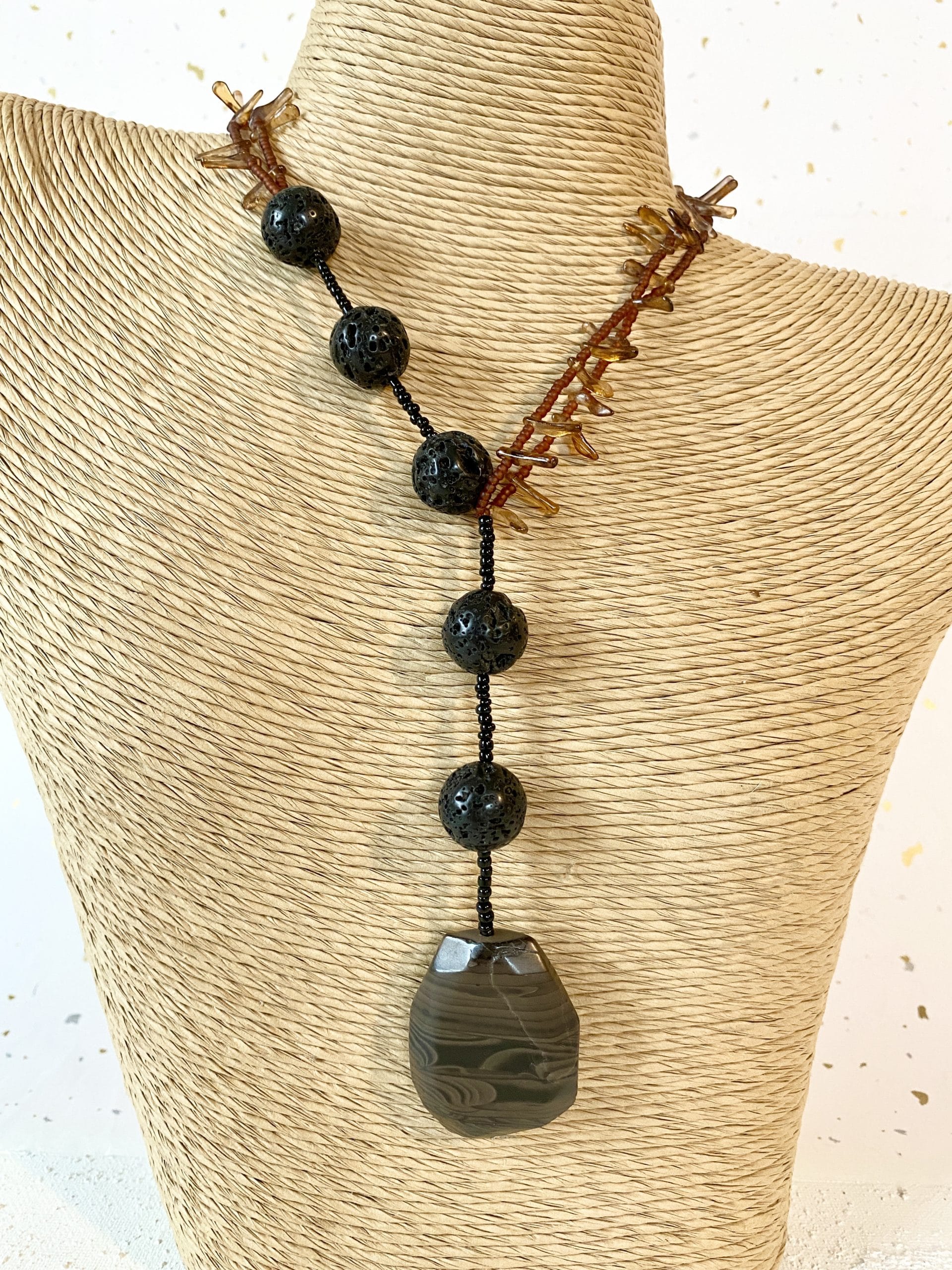 Large brown resin lariat with round Black lava rock beads and glass seed beads - Image 2