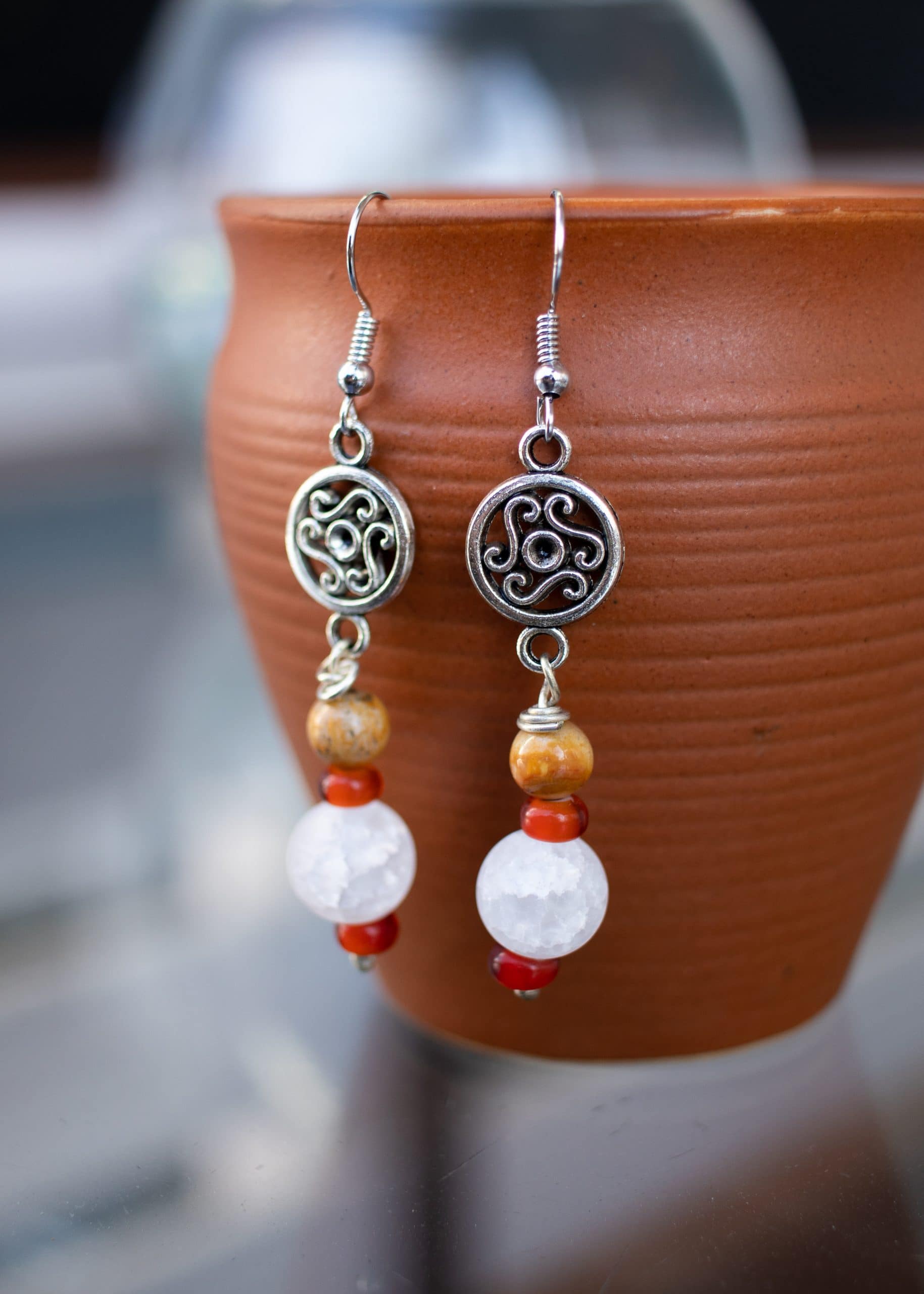 Dangler earrings: White, Wood, and Red - Image 2
