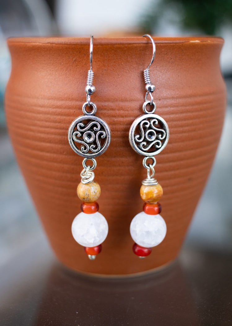 Dangler earrings: White, Wood, and Red
