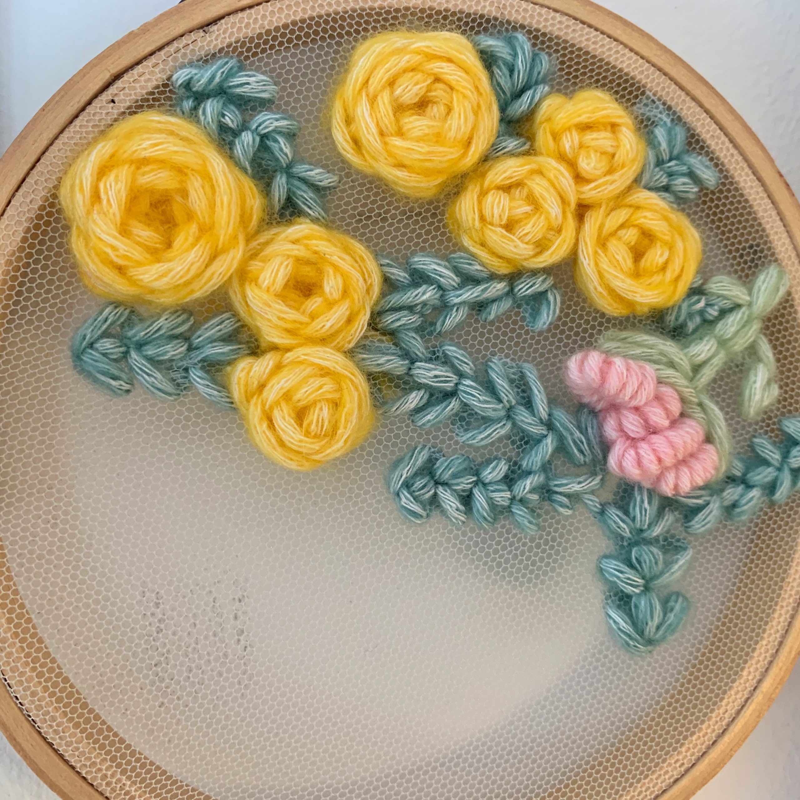 Hand Embroidered on Tulle Wall Hanging--Roses & Carnation - Image 2