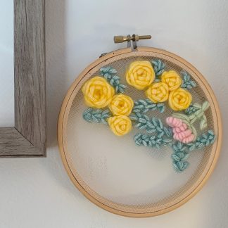 Hand Embroidered on Tulle Wall Hanging--Roses & Carnation