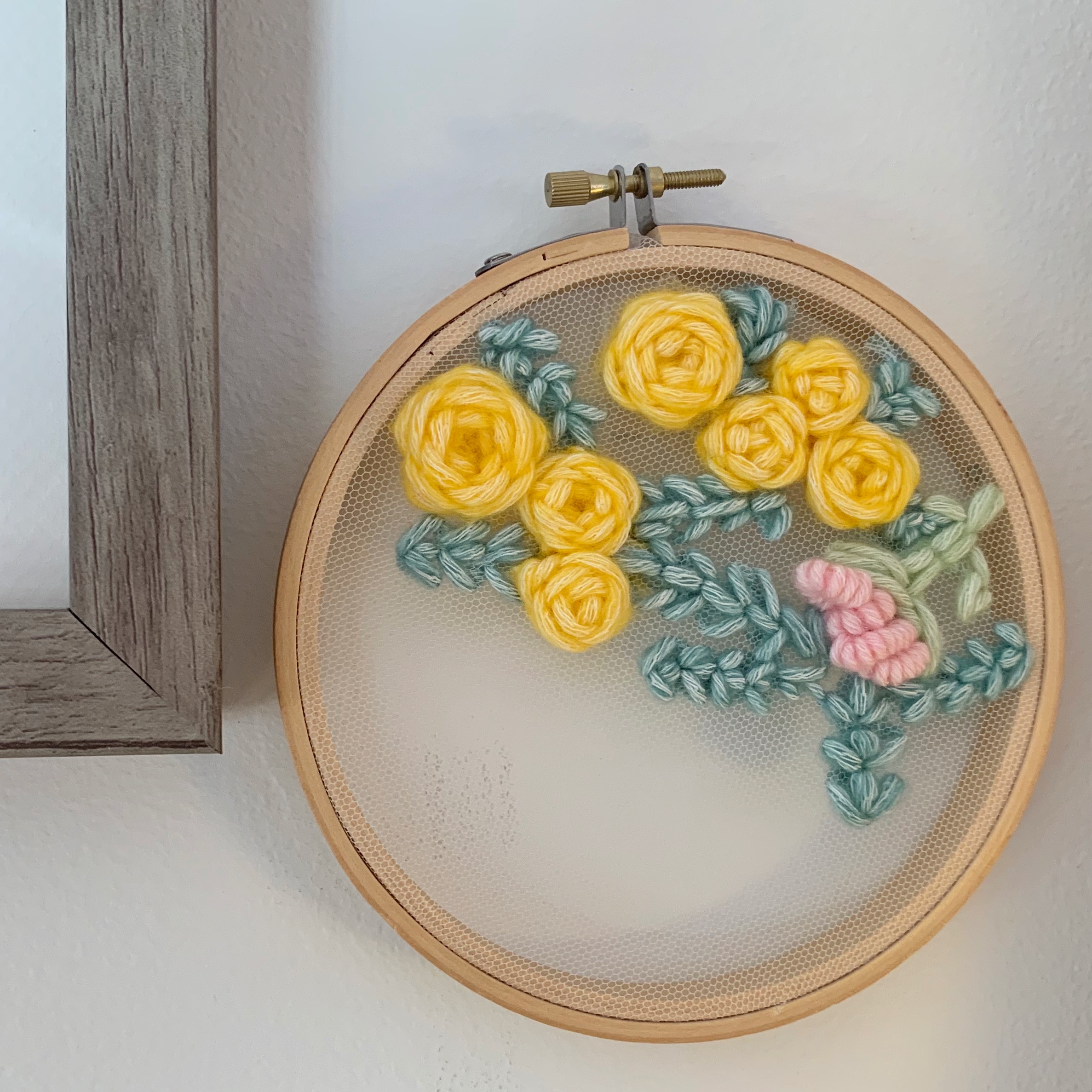 Hand Embroidered on Tulle Wall Hanging--Roses & Carnation