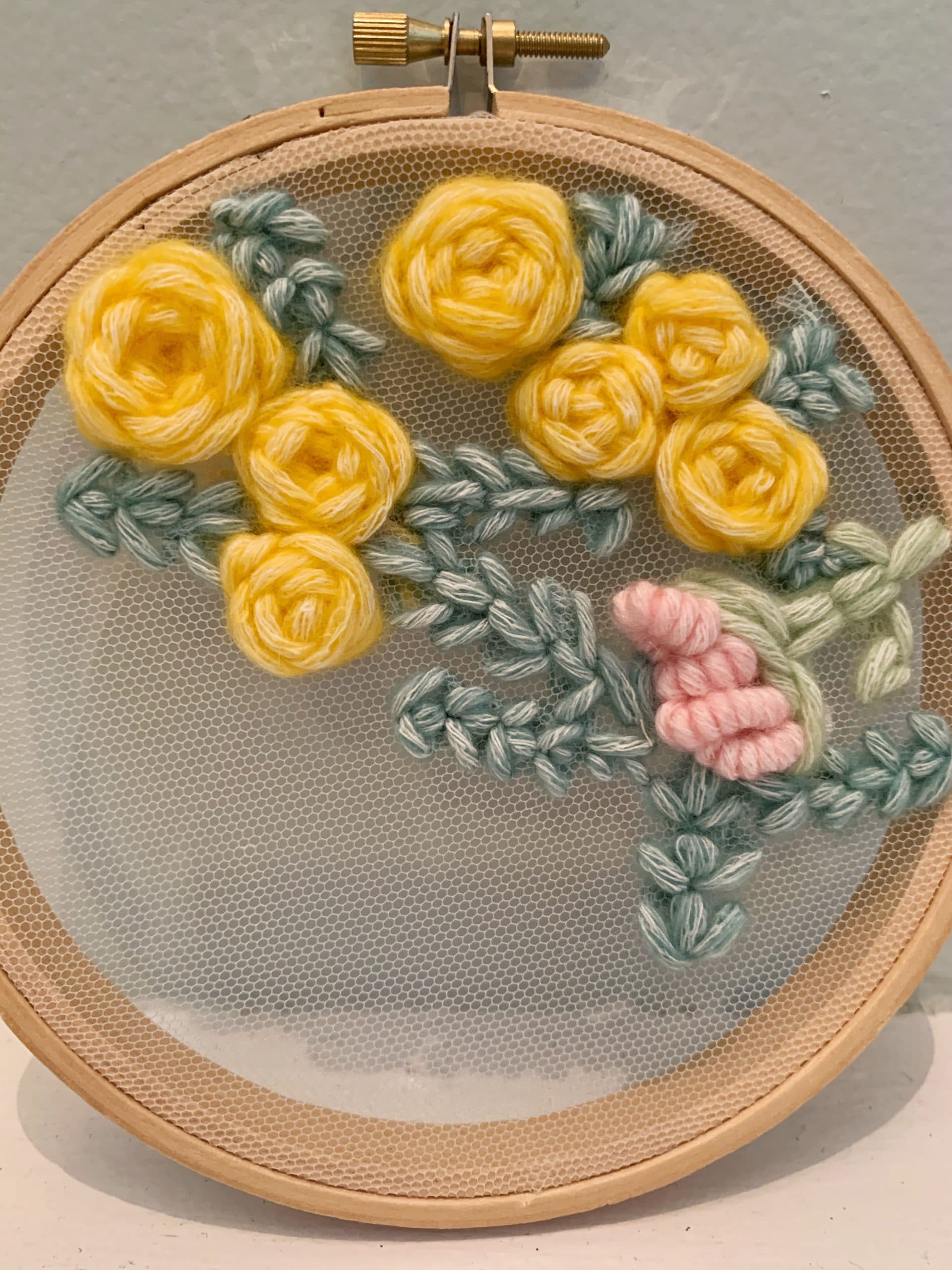 Hand Embroidered on Tulle Wall Hanging--Roses & Carnation - Image 3