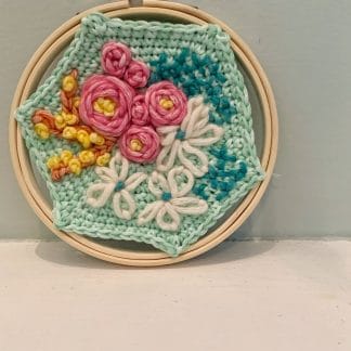 Hand Embroidered Crochet Wall Hanging--Roses, Hydrangea & Daisies