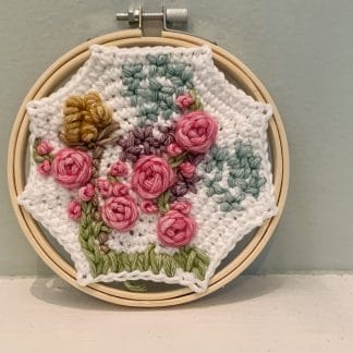 Hand Embroidered Crochet Wall Hanging--Roses, Hydrangea, & Lilacs