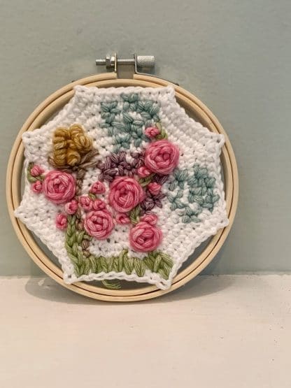 Hand Embroidered Crochet Wall Hanging--Roses, Hydrangea, & Lilacs