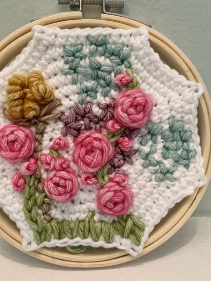 Hand Embroidered Crochet Wall Hanging--Roses, Hydrangea, & Lilacs - Image 2