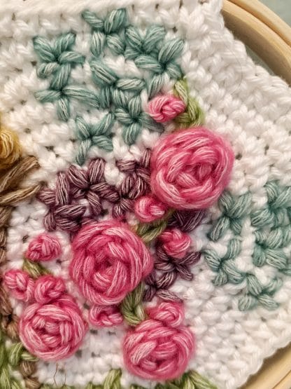 Hand Embroidered Crochet Wall Hanging--Roses, Hydrangea, & Lilacs - Image 3